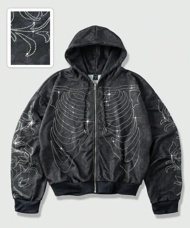 Street Life Men's Rhinestone Skeleton Hoodie – Vintage Hip Hop Streetwear Sweatshirt, Y2K Skull Graphic Full Zip Hooded Top with Drawstring, Long Sleeve Casual Fashion for Men, Everyday Wear Gift