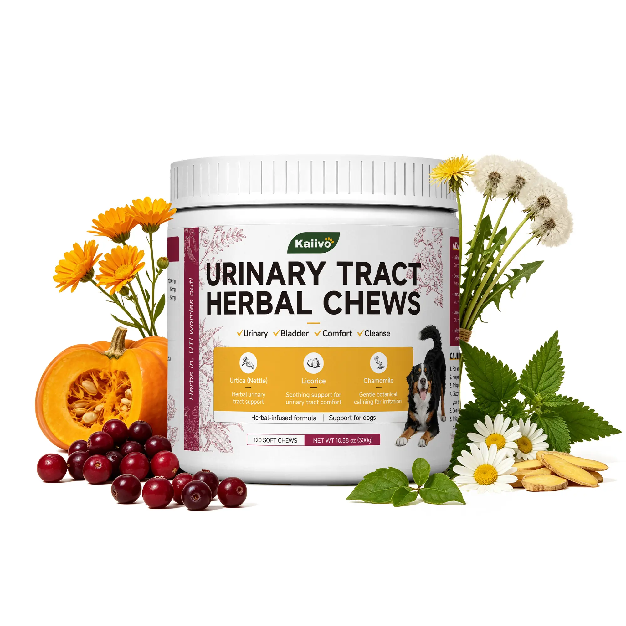 KAIIVO Dog Herbal Urinary Care Chewables - Cranberry, D-Mannose & Herb Blend, Bladder & Kidney Support, Immunity & Vitamin C Boost, Chicken Flavor, 120 Count, 24 Months Shelf Life, for All Breeds and Sizes, Herbal Urinary Tract Support