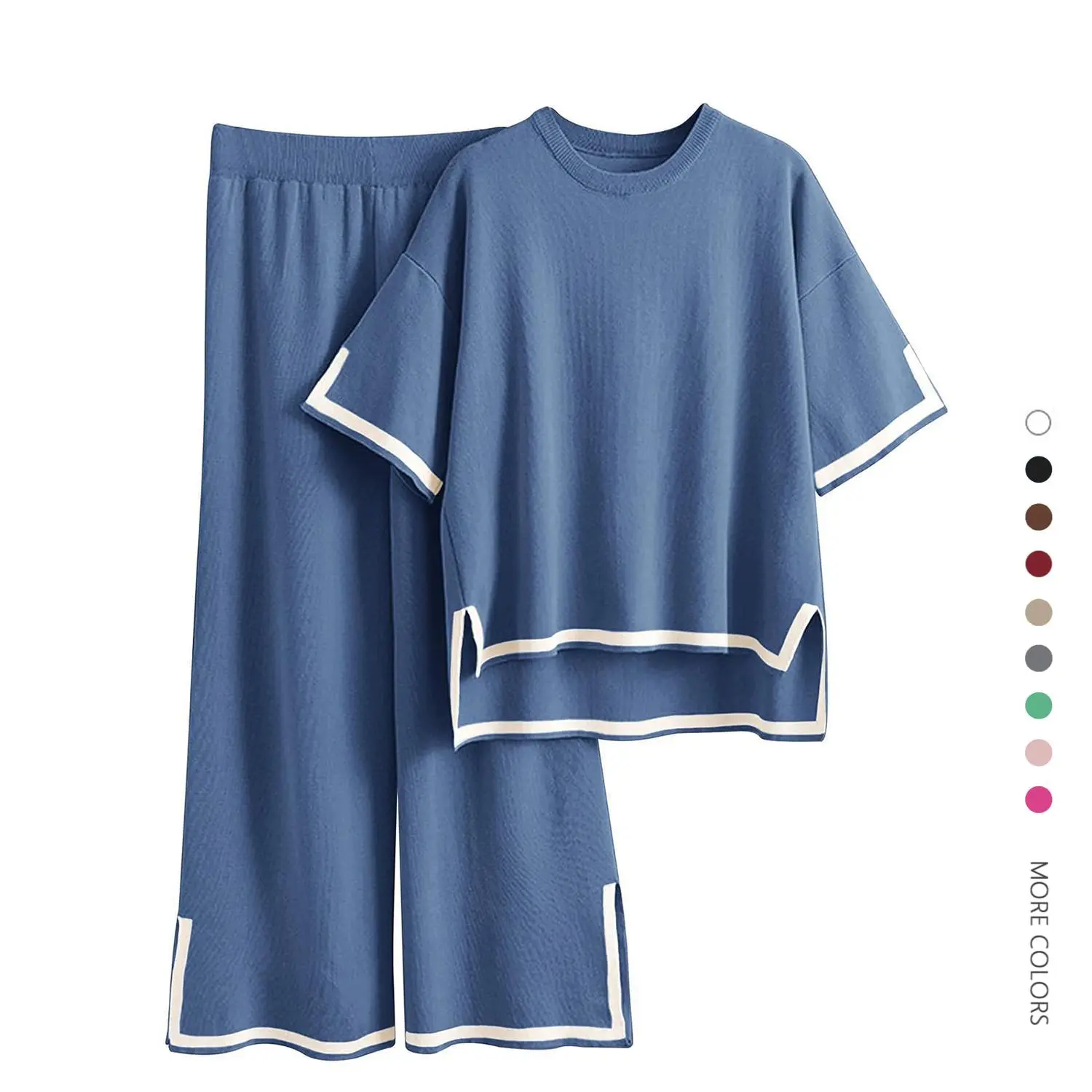 Women's Plus Size Cotton Basic 2-Piece Soft Lounge Garment - Short-Sleeve Pullover Top, Wide-Leg Pants, Elastic Loose Outfits, Summer Sleepwear & Nightwear, Sizes L-5XL