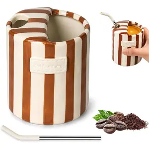 Ceramic Coffee Mug with Sip Hole, 10oz Retro Striped Coffee Cups, Cute Ceramic Coffee Mugs Hand-Painted Striped Art,  Present for Coffee Lovers