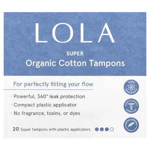 Lola Organic Cotton Tampons with Plastic Applicators, Super, 20 Tampons