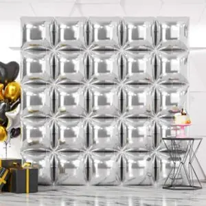25pcs metallic silver square foil balloons wall backdrop chrome silver balloons tunnel garland arch kit for anniversary bachelorette birthday engagement bridal baby shower party decorations