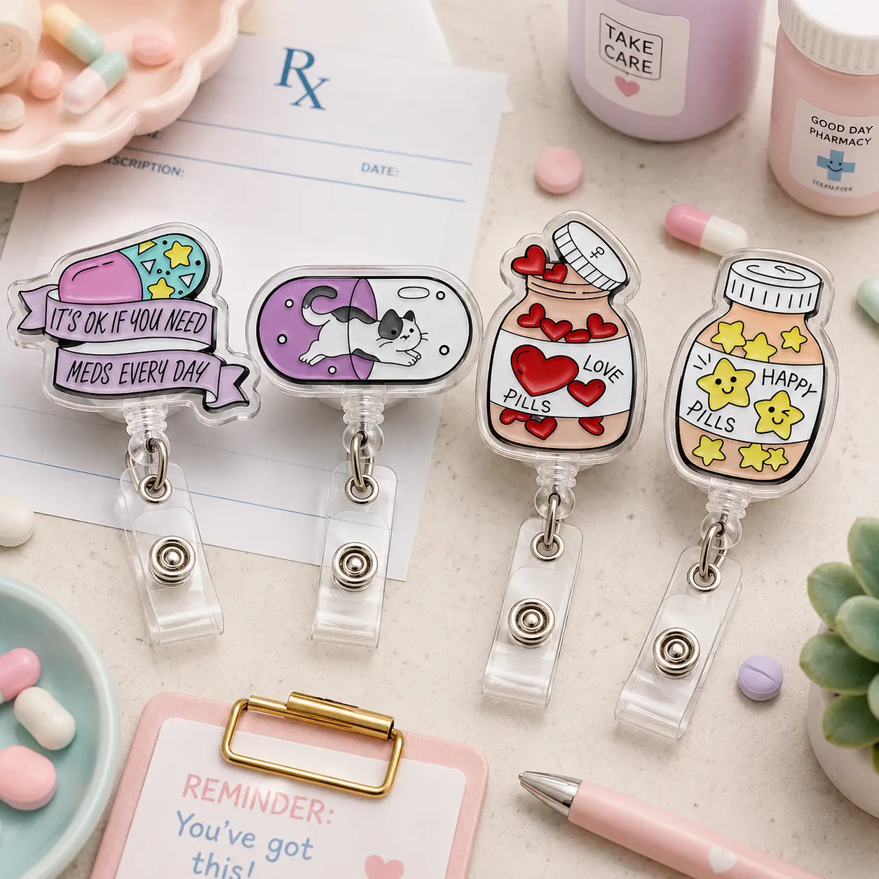 Funny Pharmacy Acrylic Badge Reel Retractable Pill ID Card Holder Name Tag Clip For Pharmacist Nurse Doctor Gift