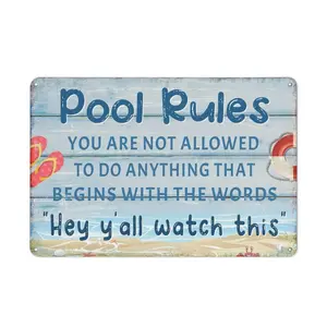 Funny Metal Pool Sign - 30*20cm Decorative Wall Plaque, Outdoor Backyard Deck/Bar Accessory with Play Rules, Welcome Marker for Prohibiting Open-Ended Starting Actions, Gift for Girls, Metal Signs, Signage