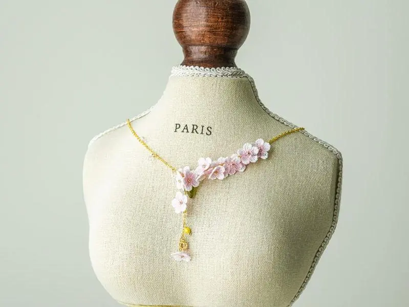 Whispering Petals Micro Crochet Sakura Necklace Cherry Blossom Necklace Botanical Flower Delicate Bridal Jewelry