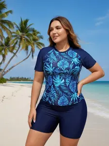 Women's Plus Size 2-Piece Tankini Swim Set - High Neck Short Sleeve Rash Guard, High Elastic Tummy Control Shorts, Cropped Halter with Metal Decor, Sun Protection Beach Outfits