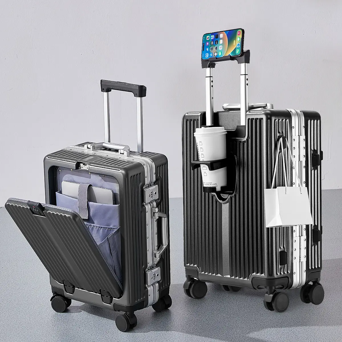 Aluminum Frame Luggage Set, 20" Carry-On & 24" Checked Hard Shell Suitcases with TSA Lock, Front Opening Pocket, Cup Holder, Phone Holder, 360° Spinner Wheels, Laptop Compartment for Business Travel
