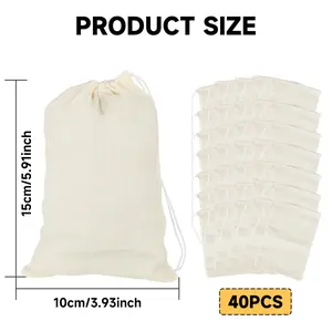 Set of 40 Reusable Tea Filter Bag, Soup, Bone Broth Brew, Spice, Muslin Strainer, Natural Unbleached Cotton Cheesecloth Bags for Cold Brew Coffee (5.91 X 3.93 Inch)