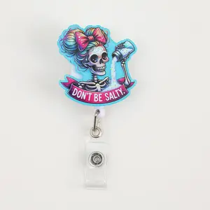 Halloween Themed Skull Witch Pattern Retractable Badge Holder, Cute Badge Scroll Badge Clip, Nurse Badge Reel, ID Card Pack for Student Office Staff Doctor Nurse Teacher, Acrylics