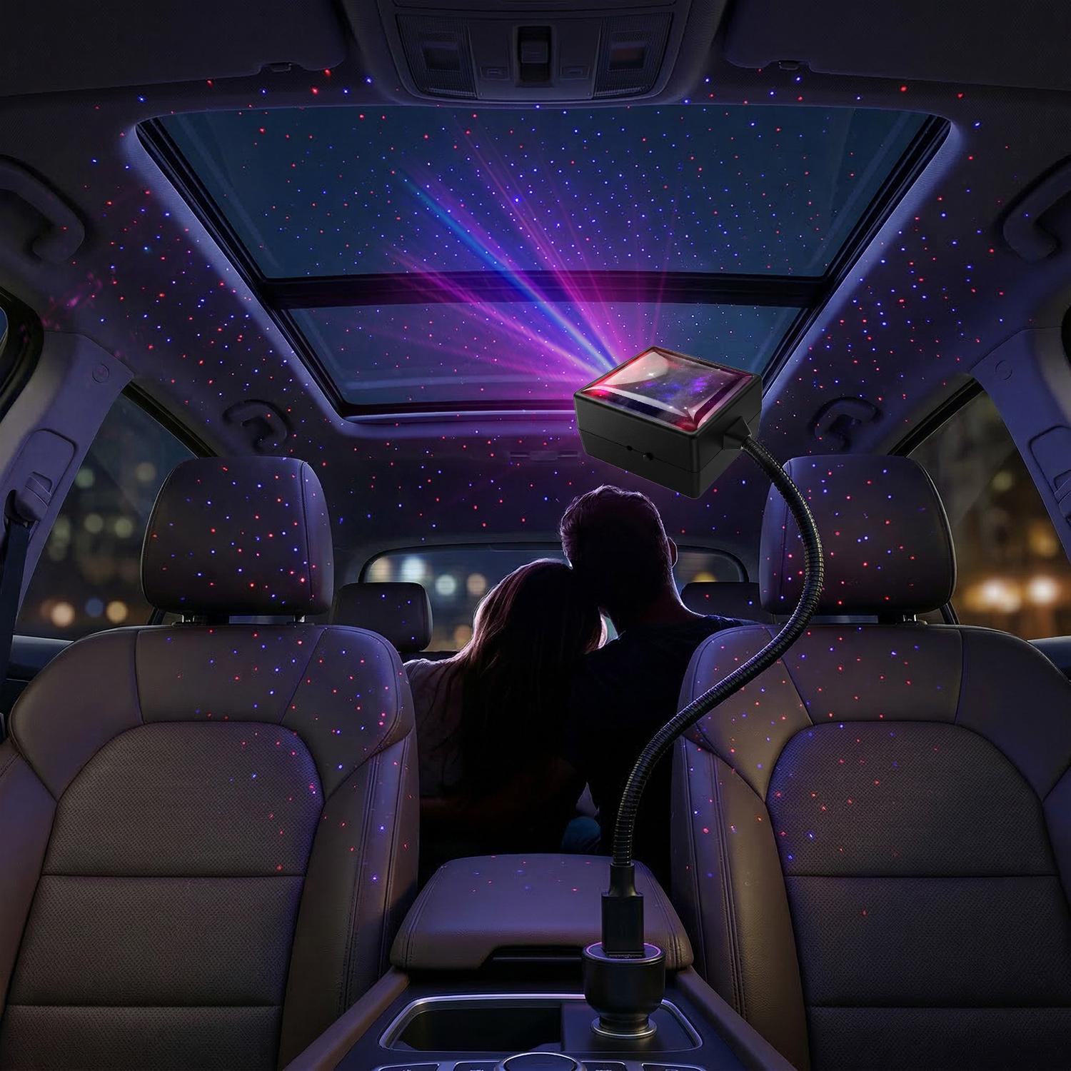 Car Roof Star Night Light, USB Romantic Ceiling Projector Light with Sound Activated Strobe & Auto Rotating, Adjustable Neon Accent Light for Car, Bedroom & Party