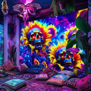 Tapestry  [Glow Tapestry] 1pc Large Glow in the UV Light Skeleton Sunflower Tapestry Indoor Use, Vibrant Skull & Sunflower Design, Peach Light Beige Fluorescent Wall Hanging for Bedroom, Party & Festival Decor 60X40 Inches Decoration Gift