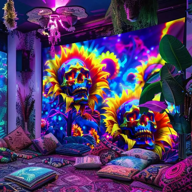 Tapestry  [Glow Tapestry] 1pc Large Glow in the UV Light Skeleton Sunflower Tapestry Indoor Use, Vibrant Skull & Sunflower Design, Peach Light Beige Fluorescent Wall Hanging for Bedroom, Party & Festival Decor 60X40 Inches Decoration Gift