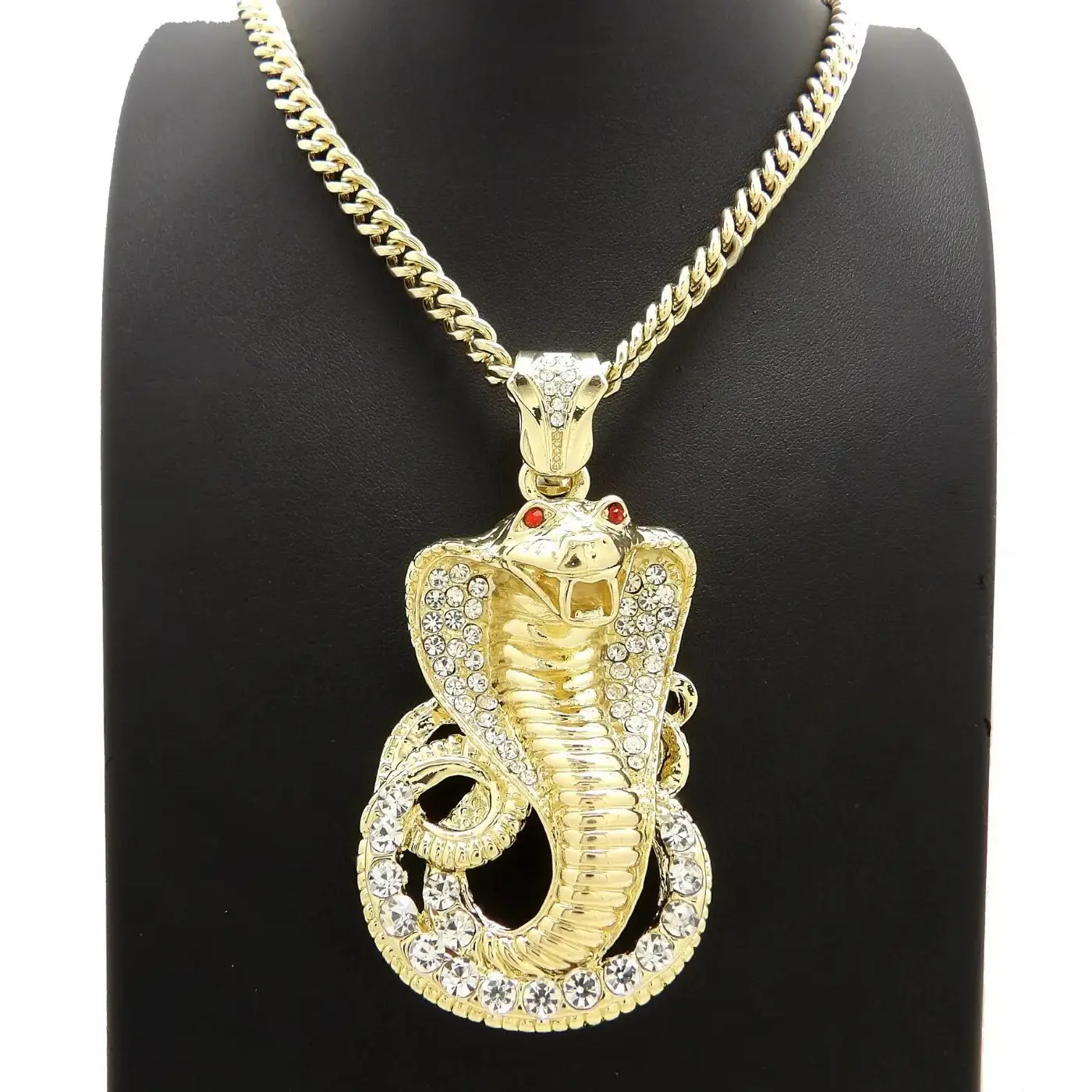 MaxBling81 Unisex Gold-Plated Adjustable Iced Out Cobra Snake Motif Pendant with 6mm Miami Cuban Chain Links Necklace (24in,30in,36in) - Chunky Gold Costume Jewelry, Edgy Casual Look, Fashion Modern Accessories