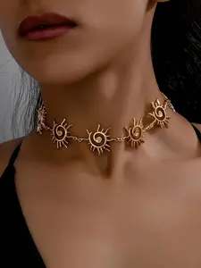 Boho Style Bohemian Flair Unique Design Trendy Metal Metallic Finish Sun Spiral Necklace for Women, Short Length Fashionable Jewelry Accessory, Stylish Statement Piece All Season Wear