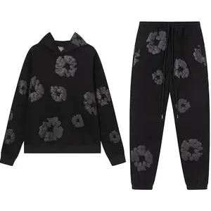 Men's 2-PCS Vintage Graphic Hooded Pullover Sweatshirts, Oversized Long-Sleeve Streetwear Clothes, Casual T/Q Hoodies, Longsleeves
