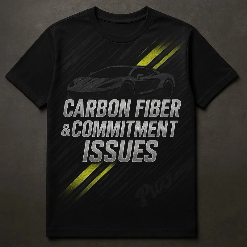 Carbon Fiber & Commitment Issues T-Shirt - Black with Yellow Stripes and Car Graphic