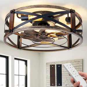 20" Farmhouse Flush Mount Ceiling Fans with Lights and Remote, Industrial Black Caged Low Profile Fandelier, 6 Speeds Bladeless Ceiling Fan for Bedroom, Kitchen, Living Room