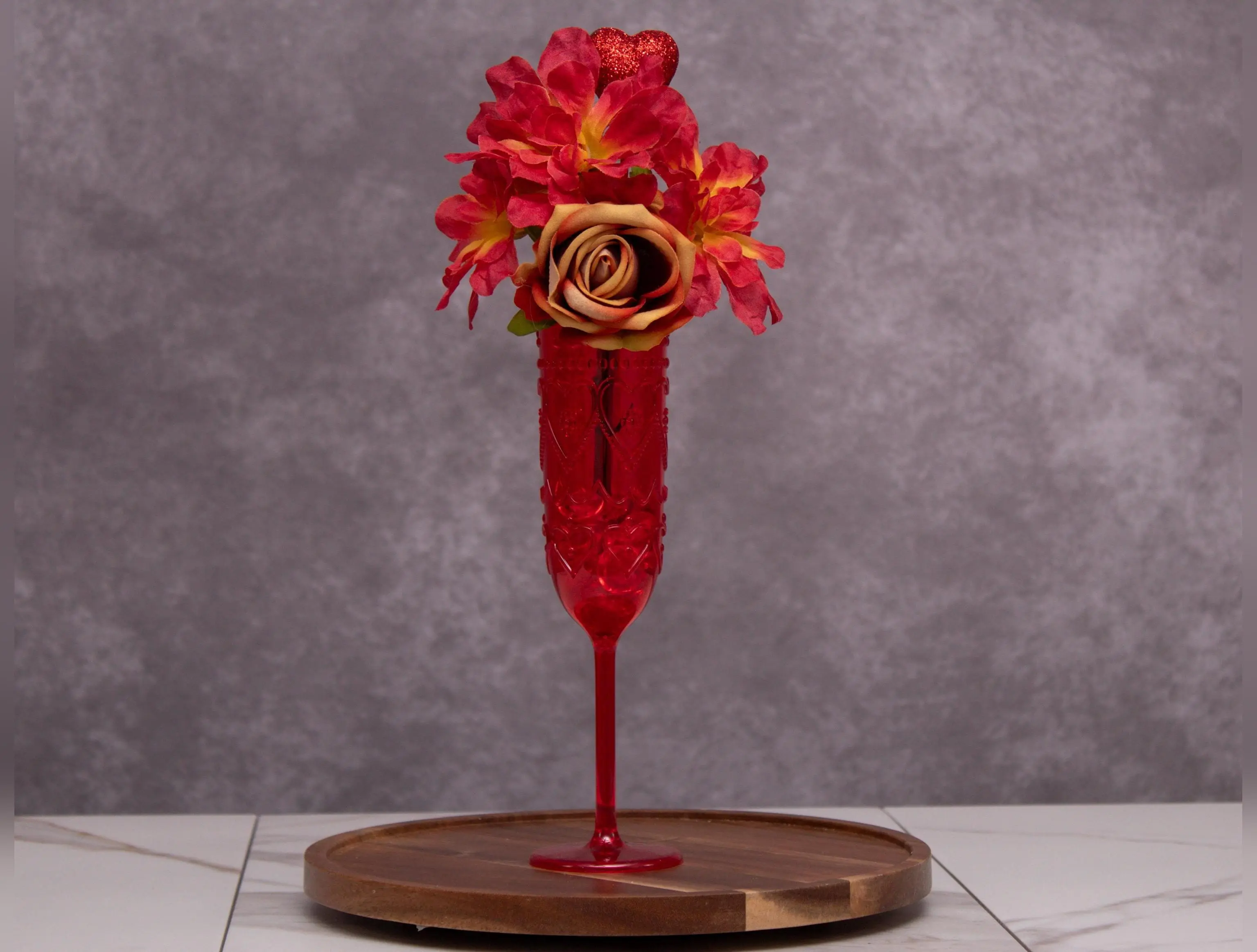 Romantic Valentine's Day Faux Floral Arrangement with Red & Gold Roses in Heart Embellished Glass
