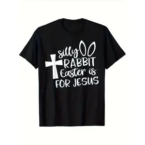 Men's Funny Christian Easter T-Shirt - "Silly Rabbit Easter Is for Jesus" Graphic Tee - Heavyweight Cotton Loose Fit Shirt - Black with White Cross & Bunny Print - Easter Sunday Church Outfit - Sizes S-XXXL - Casual Religious Appa