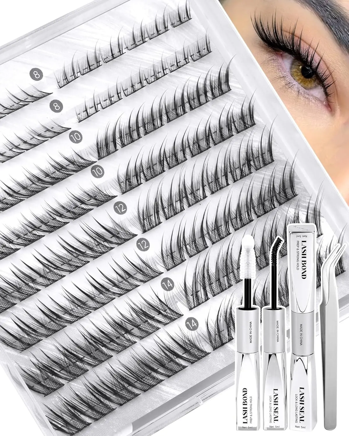 Fox Eye Lash Clusters Kit Natural Eyelash Clusters Kit LC-Curly Cluster Eyelash Extensions Pre-Mapped Cat Eye Lashes Cluster Fox Eye Individual Lashes Kit With Lash Bond&Seal, Lash Tweezers