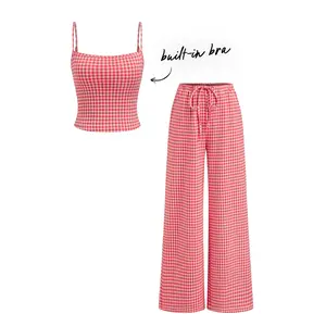 Cider Built-in Bra Square Neck Gingham Cami Top & Mid Rise Drawstring Straight Leg Trousers Loungewear Set