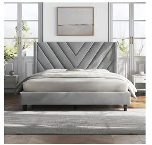 Queen Size Upholstered Platform Bed with Slat Support, Adult, Light Gray