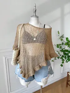 HANNA x Comfortcana Plus Size Women's Brown Ruffled Hem Semi-Sheer Casual Crochet Poncho, Suitable For Fall And Autumn Outings And Dates,Fall Clothes For Women