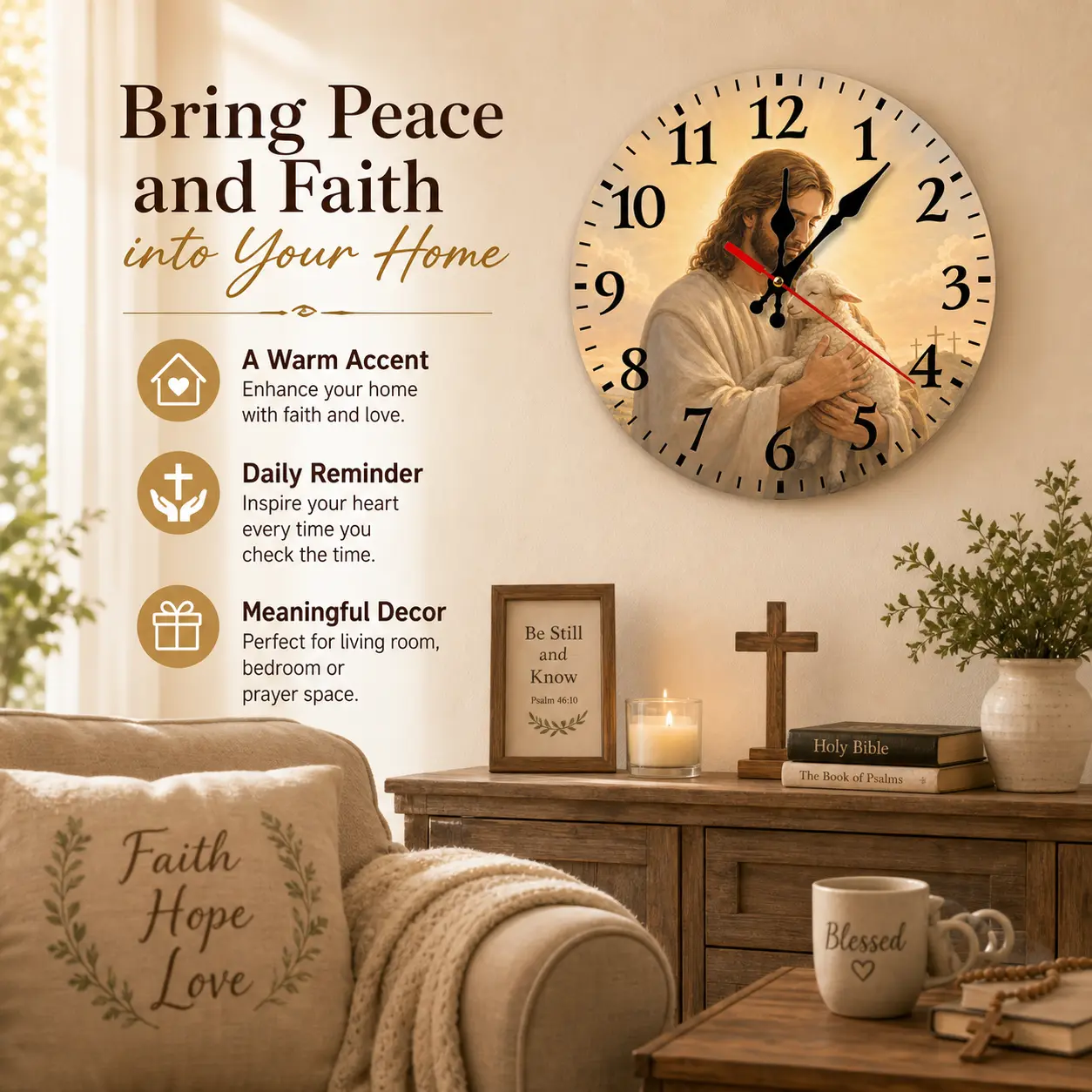Jesus the Good Shepherd Wall Clock, Silent Non-Ticking Round Analog Religious Decor Clock with Large Numbers, Christian Home, Church, and Office Wall Art