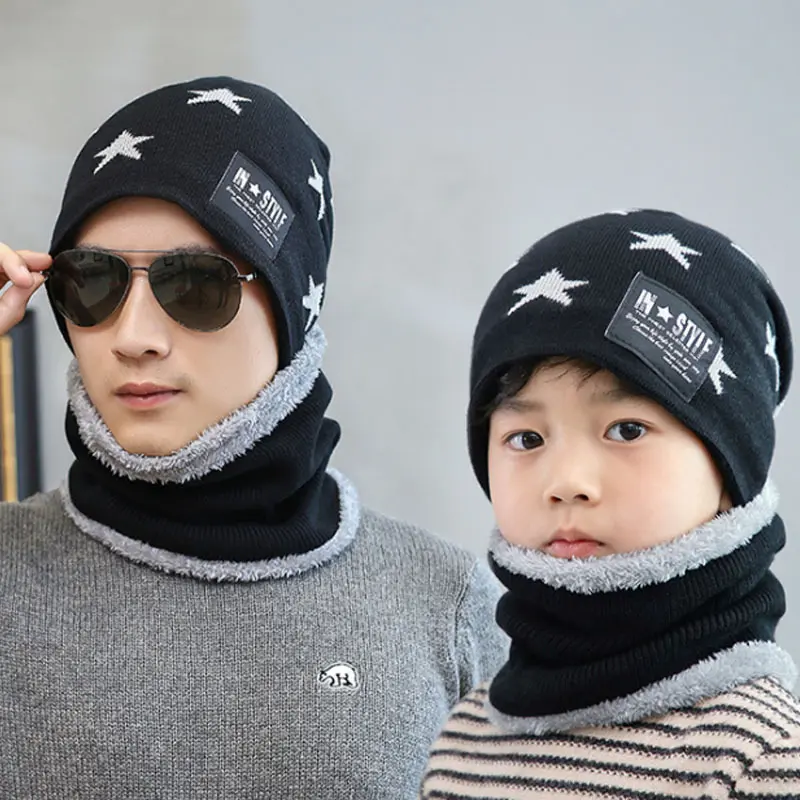 Unisex Parent-Child Thermal Knit Beanies Set - Adult & Child Star Print Casual Simple Wide-Cuff Hats for Cold Weather Outdoor Fashion Accessories, Children