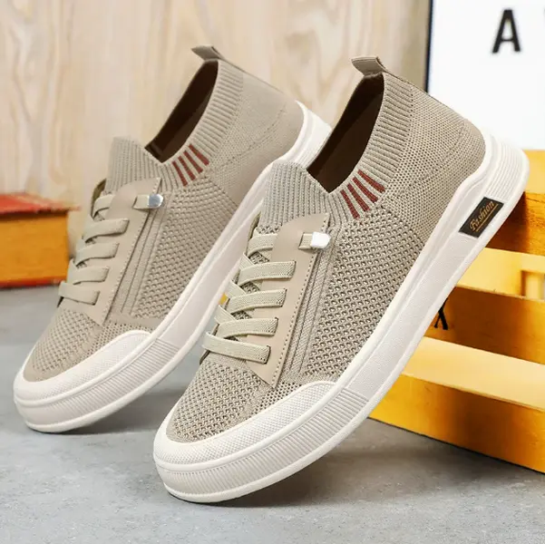 Khaki breathable fly knit slip-on athletic shoes ease foot fatigue for long city walks, casual errands and low-intensity daily fitness activities