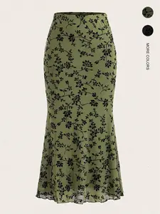 Women's Autumn & Winter Daily Floral Mesh Hip Wrap Skirt High Waist Home Outdoor City Loose Trend Casual Elegant Youth Simple Versatile Texture Temperament Natural Literature Art