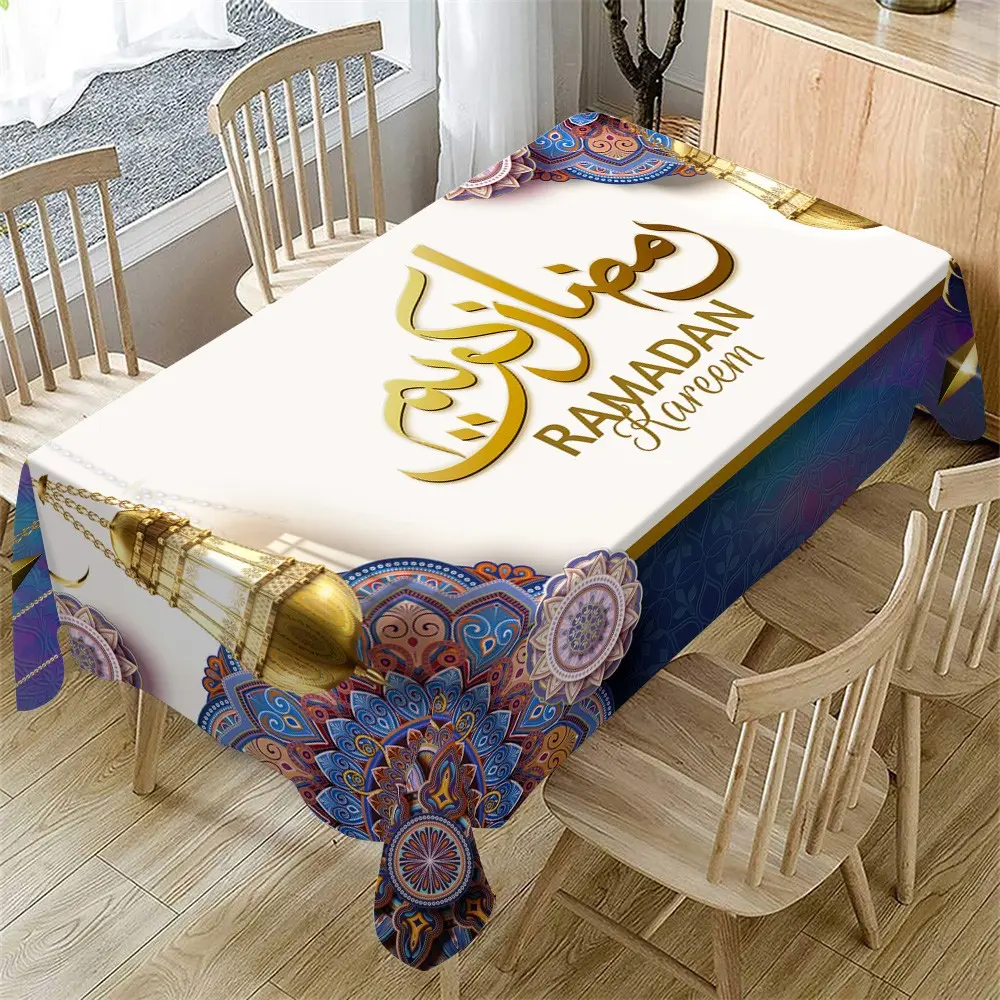 Ramadan Tablecloth, Ramadan Kareem & Mubarak Design, Mandala Lantern Motif, Washable Fabric, Ideal for Festive Celebrations