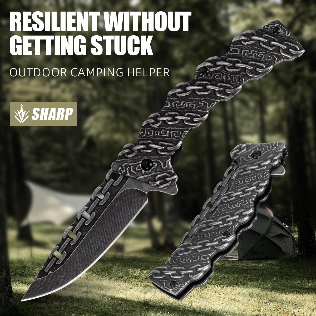 Portable EDC multifunctional lock chain tactical outdoor folding knife, all steel construction; convenient pocket/belt clip, suitable for everyday carry, hiking, camping; outdoor cutting tool designed specifically for climbing and fishing.