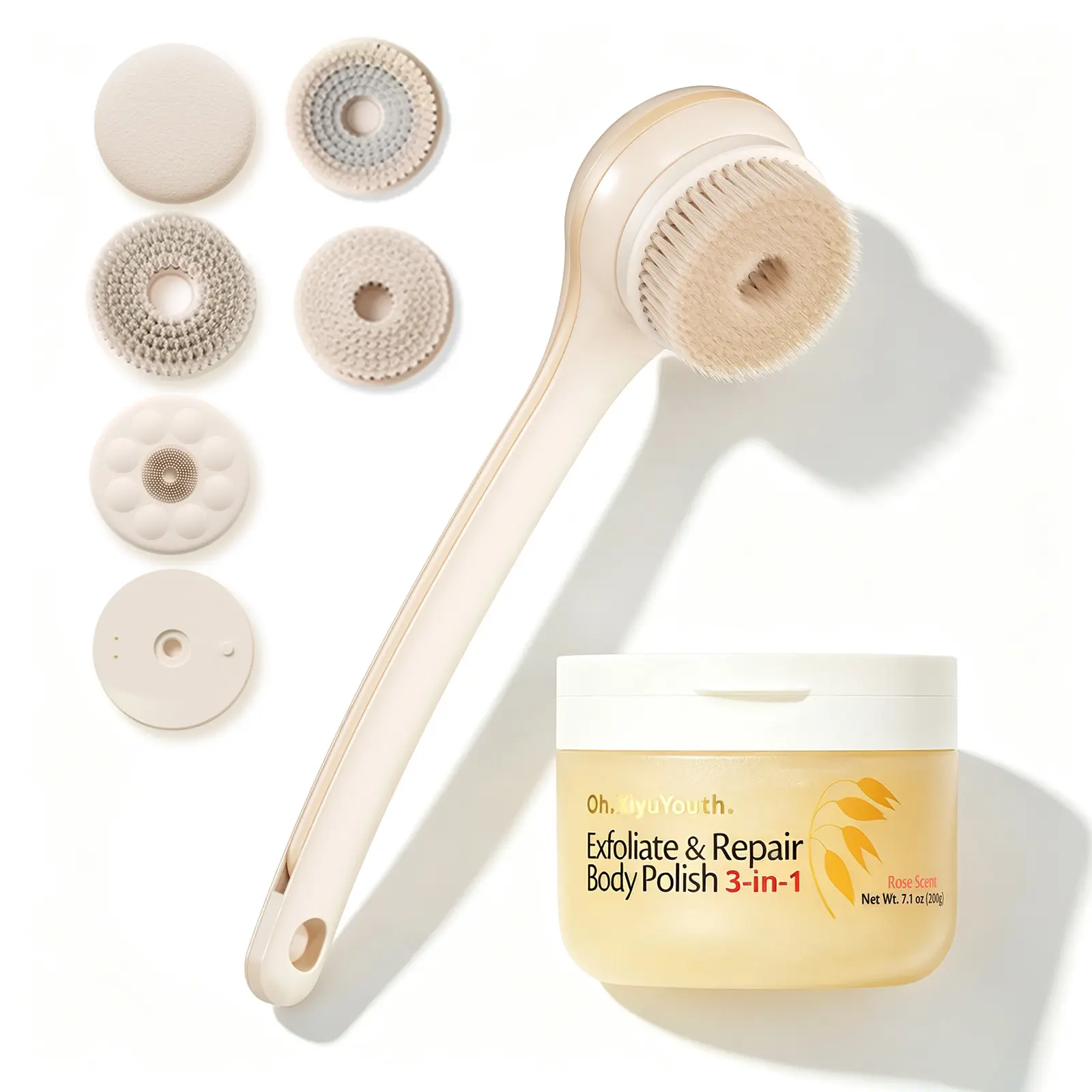 Oh, XiyuYouth Bath & Body Care Set, Dual-Handle Electric Body Brush & Sensitive Skin 3-in-1 Body Polish Scrub, Exfoliating & Blemish Care, Deep Hydration and Body Repair, Enjoy an At-Home SPA Experience