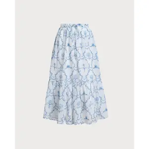 Rihoas Women's High-Waisted White Floral Covered Tiered Midi Skirt, Casual Polyester Fabric, Floral Covered Skirts, Tiered Midi Skirts