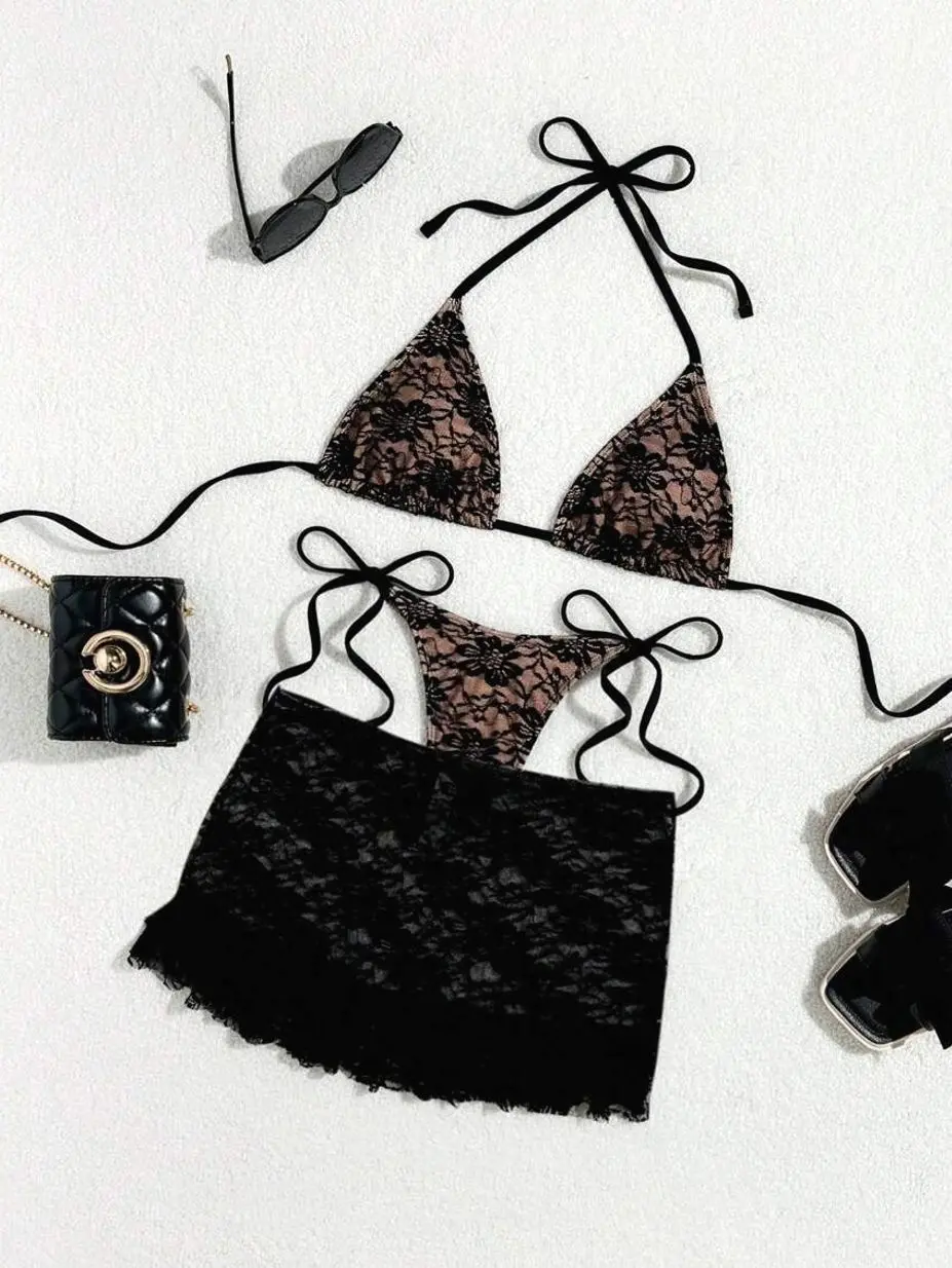 3pc Black Lace Flounce Bikini Set with G-String - Sexy Summer Beach Vacation Swimwear