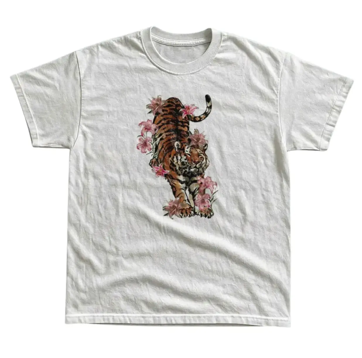Vintage Tiger & Lily Flower Graphic Tee, Y2K Grunge Gothic Tees, Aesthetic Shirt Menswear Top Streetwear Womenswear Top, Graphic Tee Tops Underwear Crewneck Menswear T Shirt Streetwear