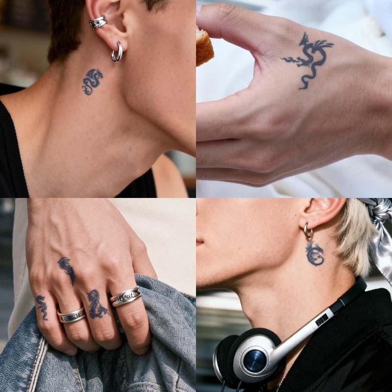 4 Pcs Small Herbal Temporary Tattoo Stickers Set, Dinosaur & Mythical Beast Designs, Semi-Permanent Color, Suitable for Fingers, Hand Back, Behind Ear