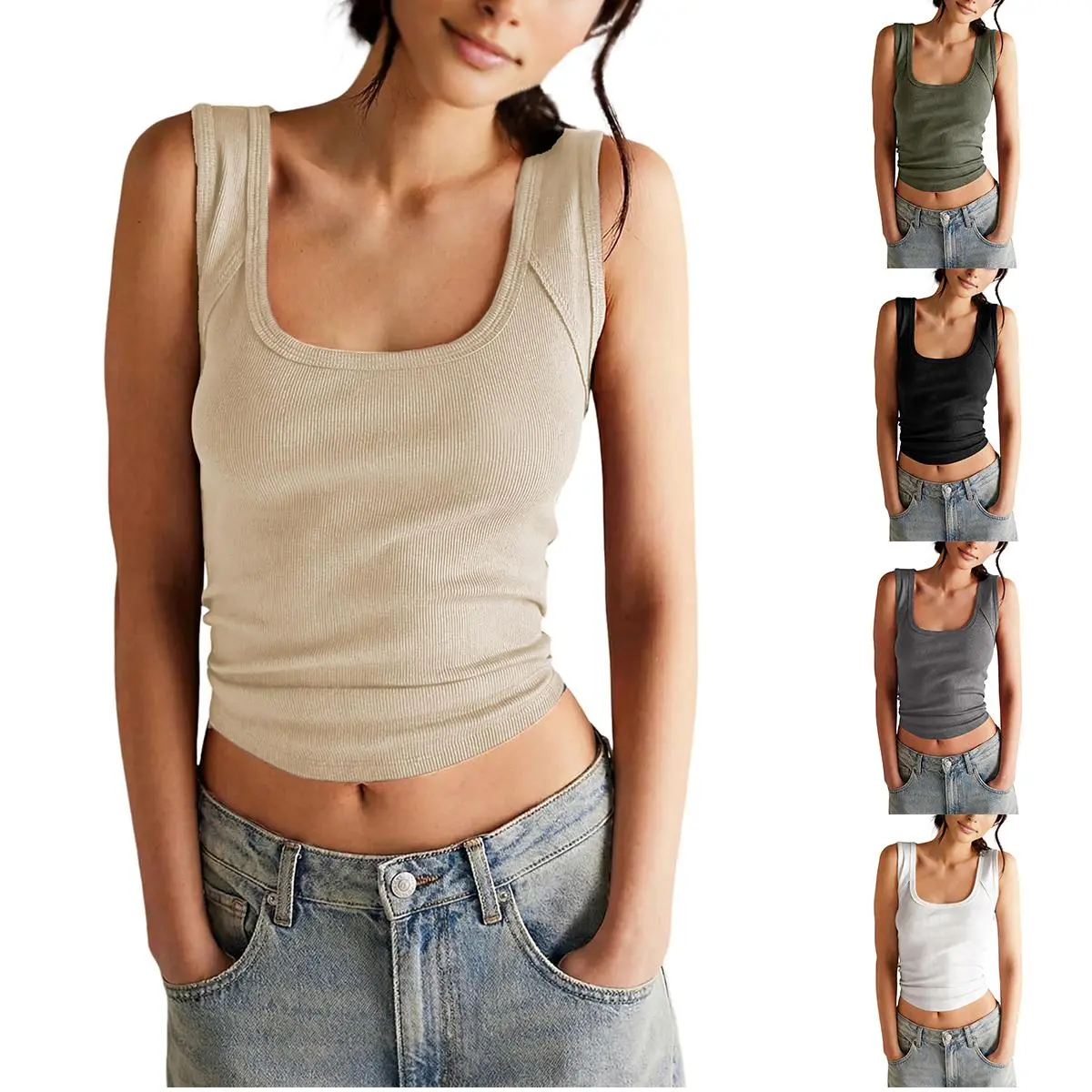 JovenPara Women's Ribbed Scoop Neck Short-Sleeve Fitted Tank Tops - Lightweight Basic Cami Clothes, Summer Vacation Outdoors Wear, Tank Top for Women, Minimalist, Biker, Cotton, Cute, Knit, Work, Ribbed Knit, Chic, Basic Tops
