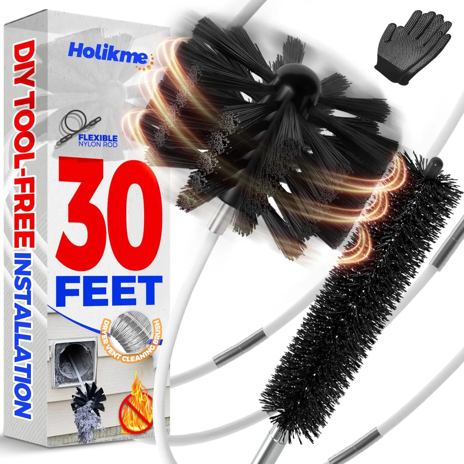 30 Feet Dryer Vent Cleaner Kit, Flexible Lint Brush with Drill Attachment, Fireplace Chimney Brushes Extends Up to 30 Feet for Easy Cleaning, Use with or Without a Power Drill