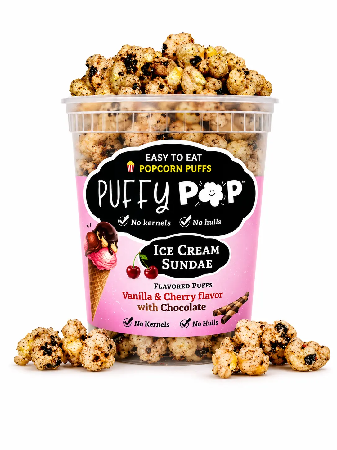 Ice Cream Sundae (GF) Puffy Pop Popcorn Puffs - No Kernels, No Hulls - Easy to Eat Snack