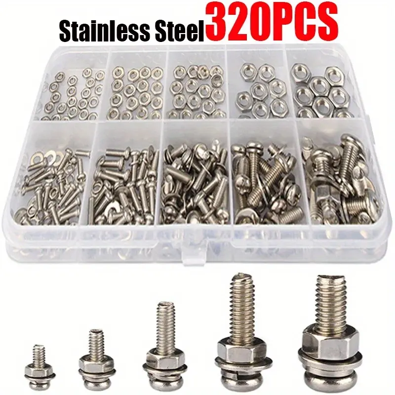 Stainless Steel 320Pcs Assortment Kit - M2 M2.5 M3 M4 M5 Metric Nut and Bolt Assortment - SS304 An Head Screws Nuts Bolts