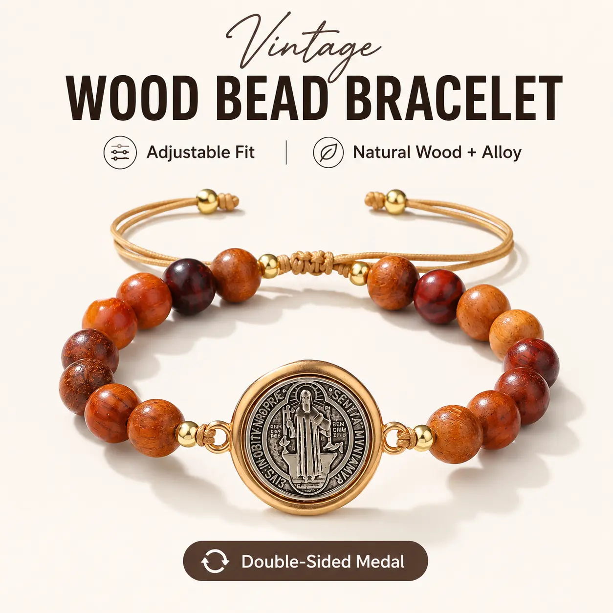 Spiritual Wood Bead Bracelet for Women with St. Benedict Alloy Medal, Adjustable Religious Jewelry with 8mm Beads, 9.9Cm Width, Casual, Daily, Natural Wood, Bangle, Round Beads