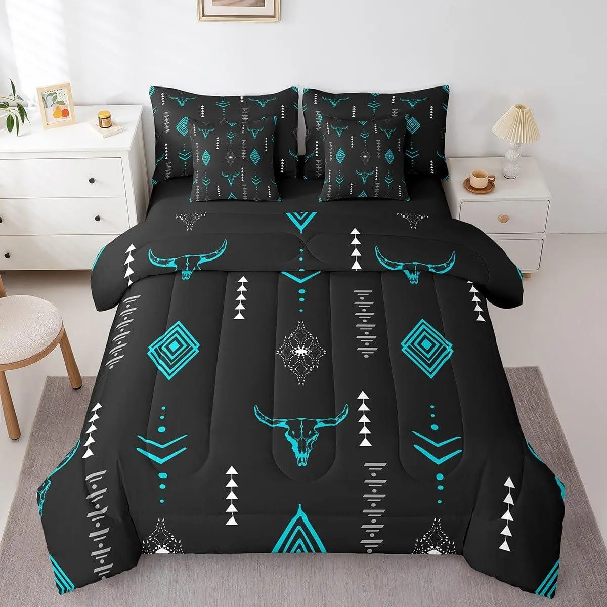 Feelyou Queen 7-Piece Microfiber Bedding Set - Bull Skull Boho Horns Tribal Aztec Geometric Design, Bedding Sheets, Breathable Soft Blanket, Ethnic Mysterious Decor, Men's Room Gift, Queen Bedding Sets