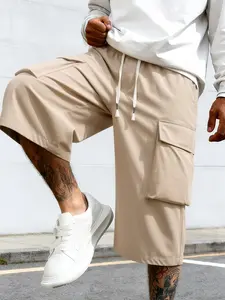 Men's High-End Seven-Eighth cargo shorts with Pocket, Drawstring Waist, Casual H-Type, Solid Color, Breathable, Perfect for Spring & Fall, Outdoor Enthusiasts