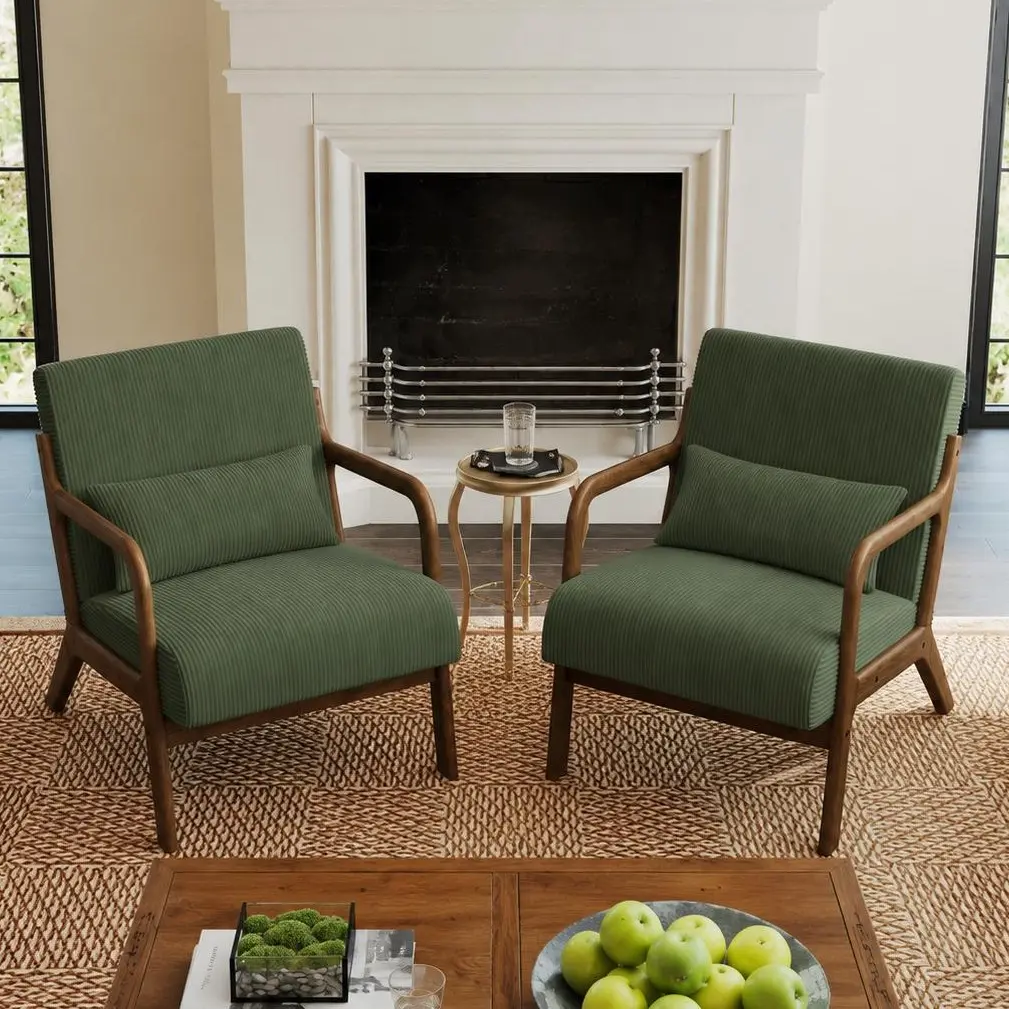Costoffs Mid-Century Corduroy Upholstered Accent Chair - Midcentury Modern, Elegant Style Lounge Armchair with Solid Wood Legs, Plush Seating for Living Room, Reading Nook, Modern Wooden Armchairs, Elegant Style Armchairs