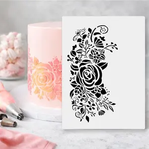 Reusable Rose Floral Cake Stencil Template, Food Grade PET Template for Sugar Cream, Fondant & Home DIY Painting