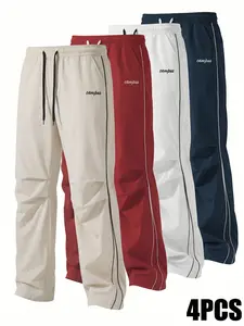 4-Pack Men's Summer Lightweight Straight-Leg Pants, Drawstring Elastic Waist, Breathable Woven Fabric, Durable, Versatile for Sports & Daily Casual Wear, Summer Must-Have Trousers