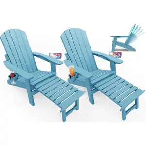 2-Pack Blue Adjustable Adirondack Chairs with Footrests  5-Level Adjustment + Retractable Ottomans & Dual Cup Holders, Perfect for Outdoor, Poolside, and Fire Pit Relaxation