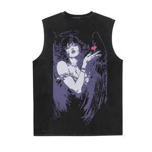 Vintage Dark Angel Woman With Halo Wings Love Heart Gothic Art Vintage Washed Tank 90s Graphic Sleeveless Tank Tops Men Vest Streetwear Outfits Men Vacation Outfits Sleeveless Shirt
